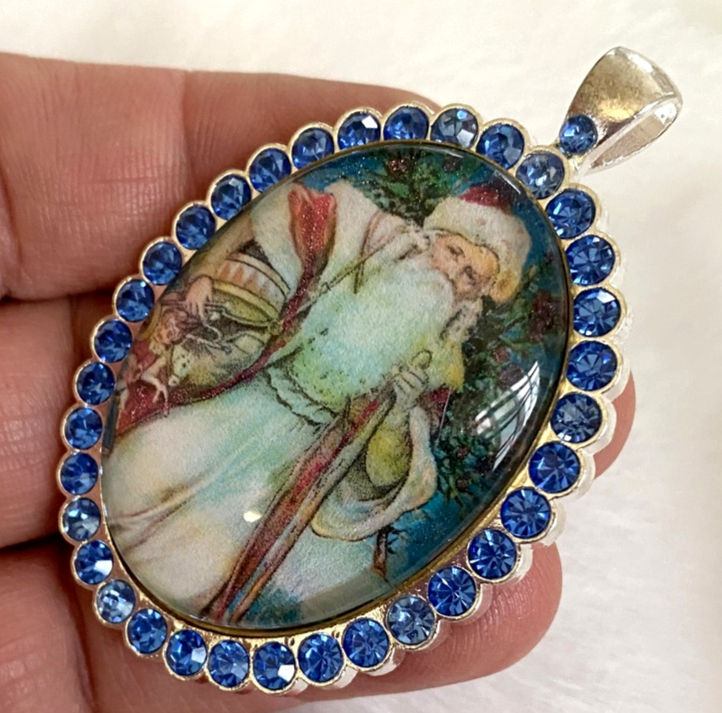 Thumbnail: Blue Rhinestone Christmas Jewelry, Vintage Santa Claus Glitter Cameo Pendant
