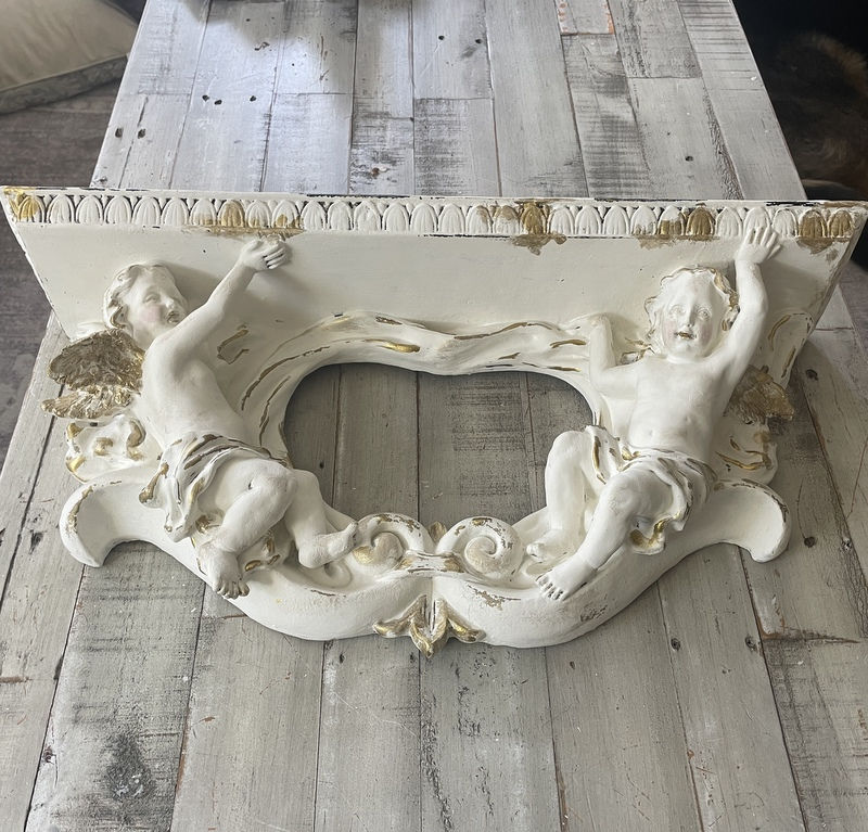 Thumbnail: Shabby Victorian Cherub Wall Shelf, Distressed White & Gold, Rococo, 24 inch
