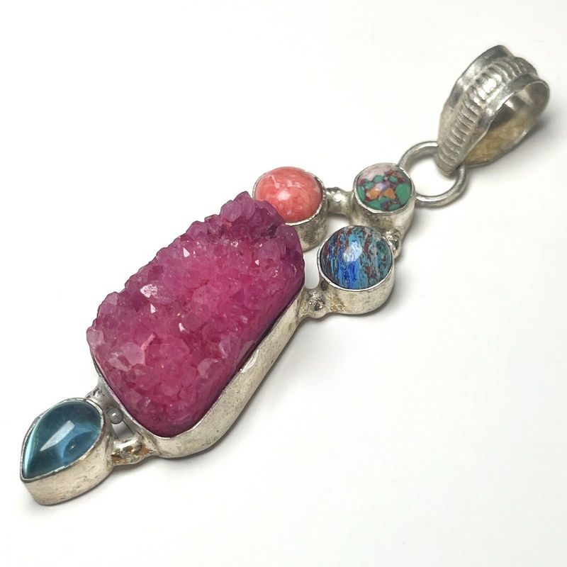 Thumbnail: Hot Pink Drusy Agate Pendant, Art Jewelry, Vintage Handcrafted