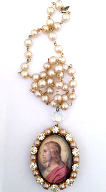 Thumbnail: Vintage Catholic Jesus Christ Cameo Shrine Locket, Pearl Necklace Prayer Jewelry