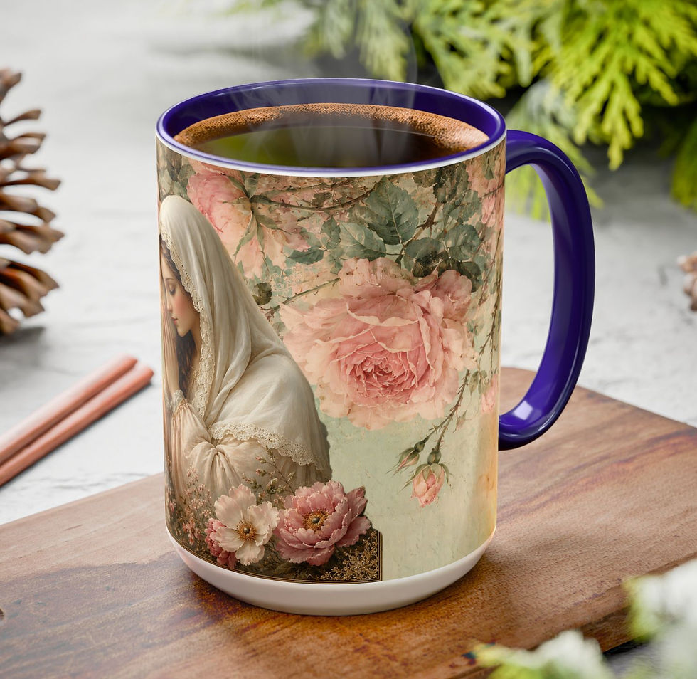 Thumbnail: Praying Mother Mary Art Mug — Virgin Mary Pink Roses Catholic Faith Coffee Cup