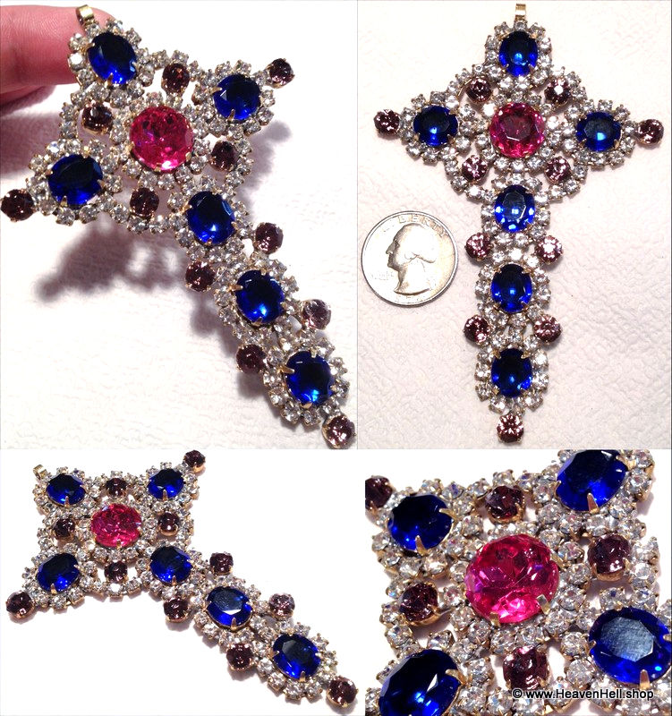 Thumbnail: Huge Blue Pink Glass Rhinestone Cross Pendant, Christian Religious Jewelry