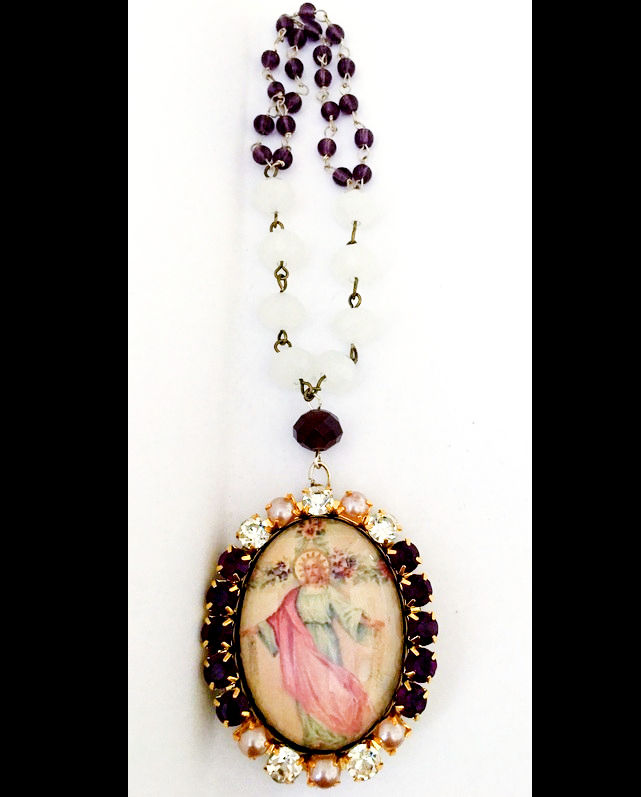 Thumbnail: Vintage Jesus Christ Locket, Purple Rhinestone, Prayer Petition, Cameo Pendant