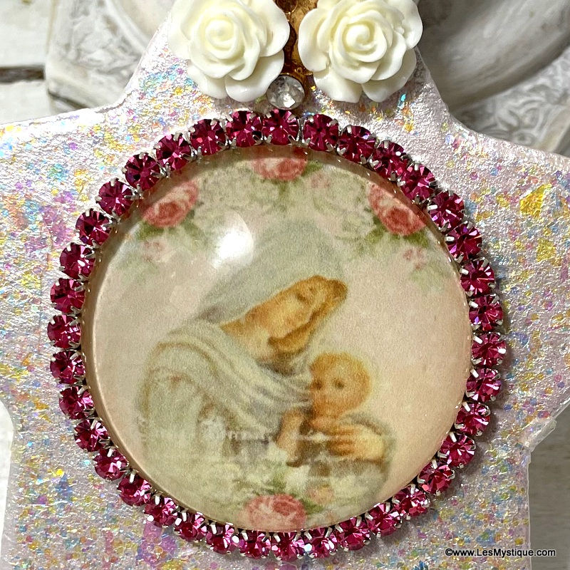 Thumbnail: Blush Pink Glitter Ornament Madonna and Child Rhinestone Cameo