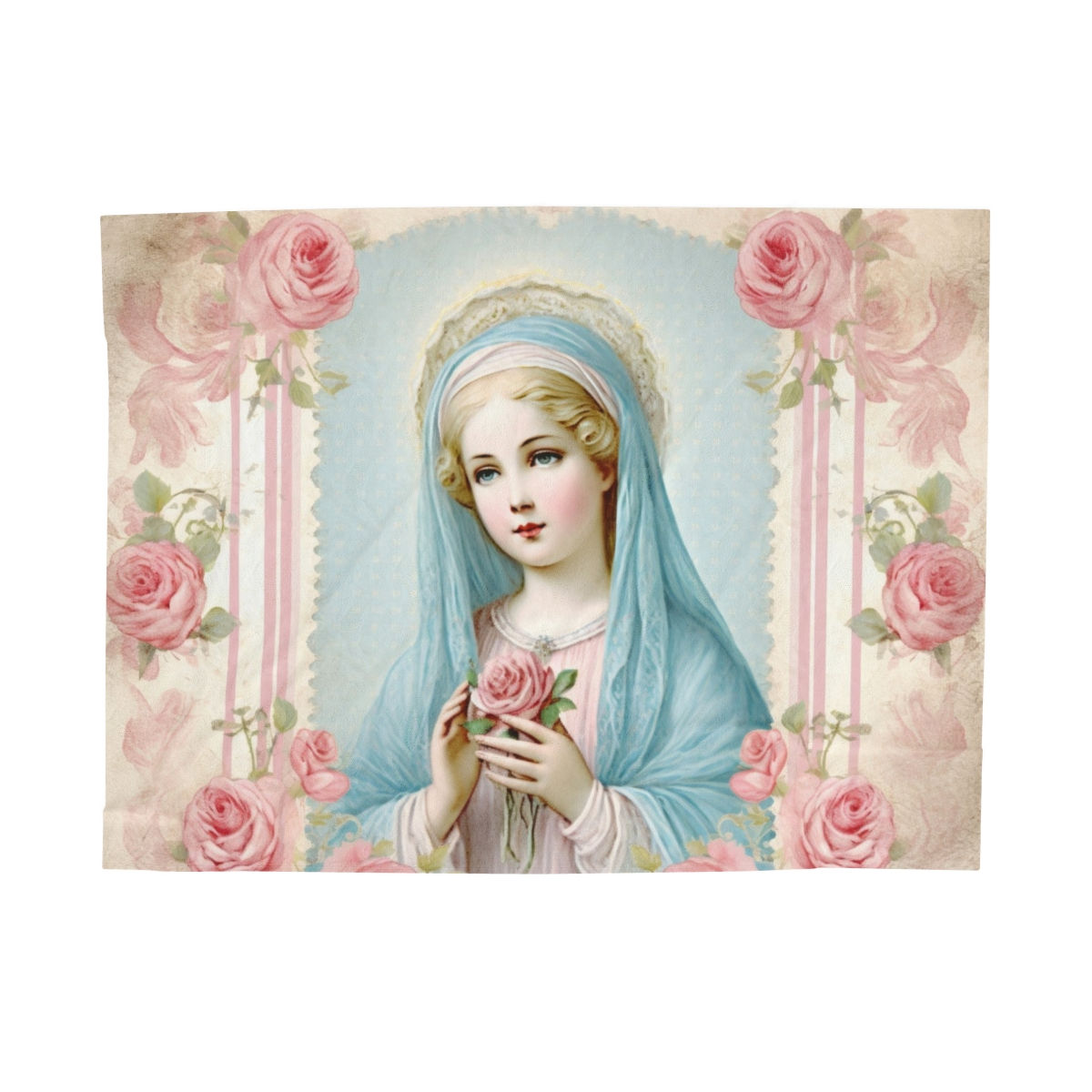 Shabby Throw Blanket Virgin Mary Pink Roses Cottage Chic Decor Catholic Gift