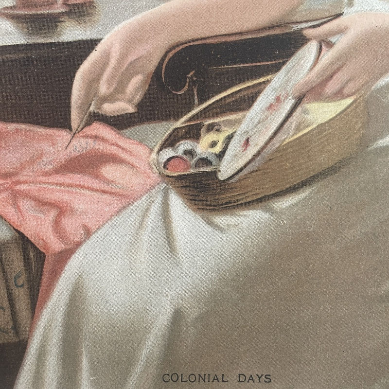 Thumbnail: Vintage Colonial Days Print, Woman with Spinning Wheel, Sewing Basket