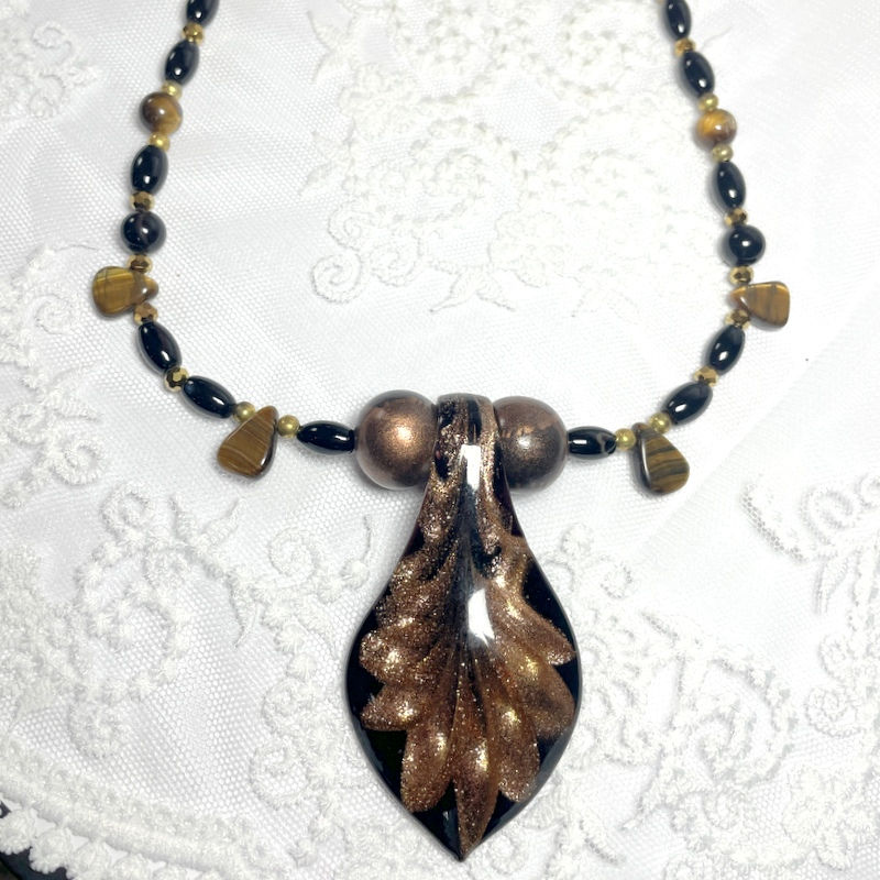 Thumbnail: Earthy Gemstone Necklace Dichroic Glass, Black Agate, Tiger Eye