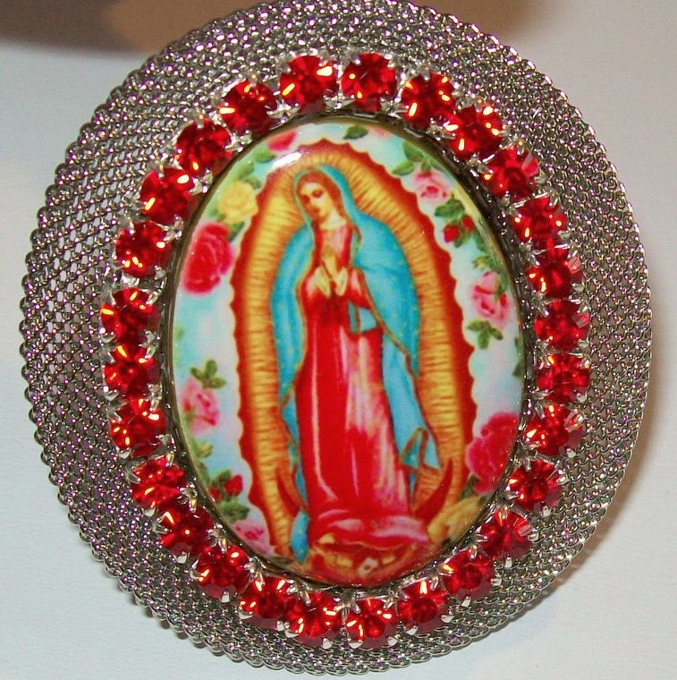 Thumbnail: Large Our Lady Of Guadalupe Pendant, Porcelain Cameo, Red Rhinestone jewelry