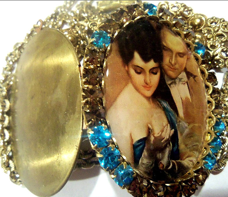 Thumbnail: Vintage Rhinestone Harrison Fisher Locket Necklace, Romance Couple Cameo Pendant
