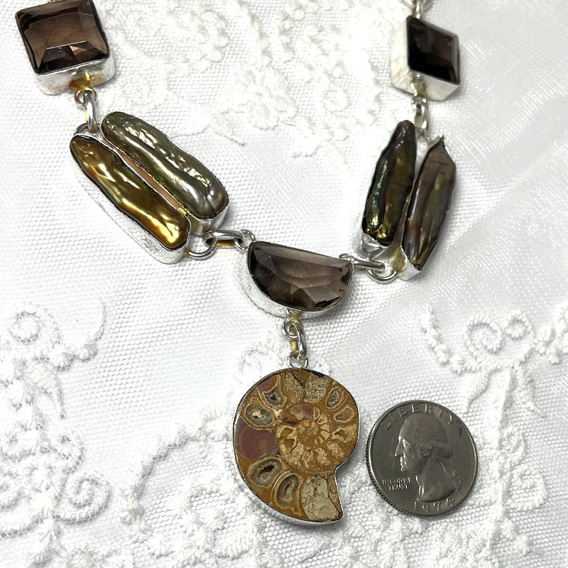 Thumbnail: Ammonite Fossil Necklace Smoky Topaz Sterling Silver, Statement Jewelry