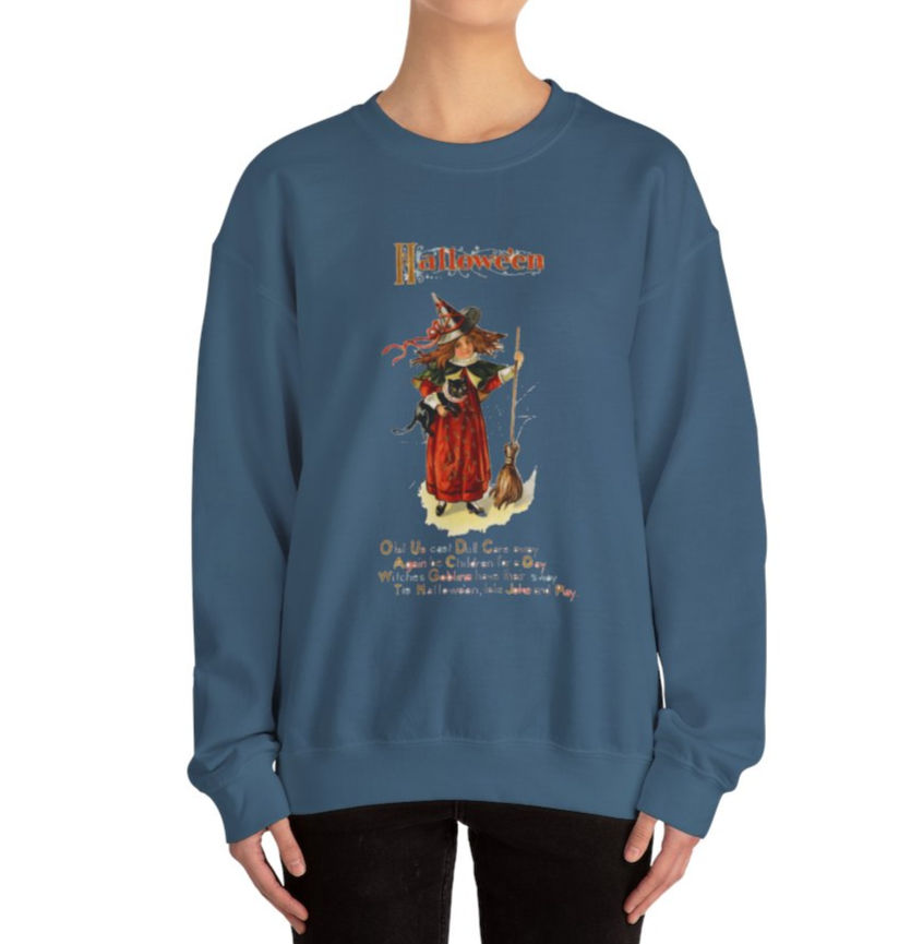 Thumbnail: Vintage Halloween Sweatshirt Cute Witch Antique Art Cozy Artistic Apparel