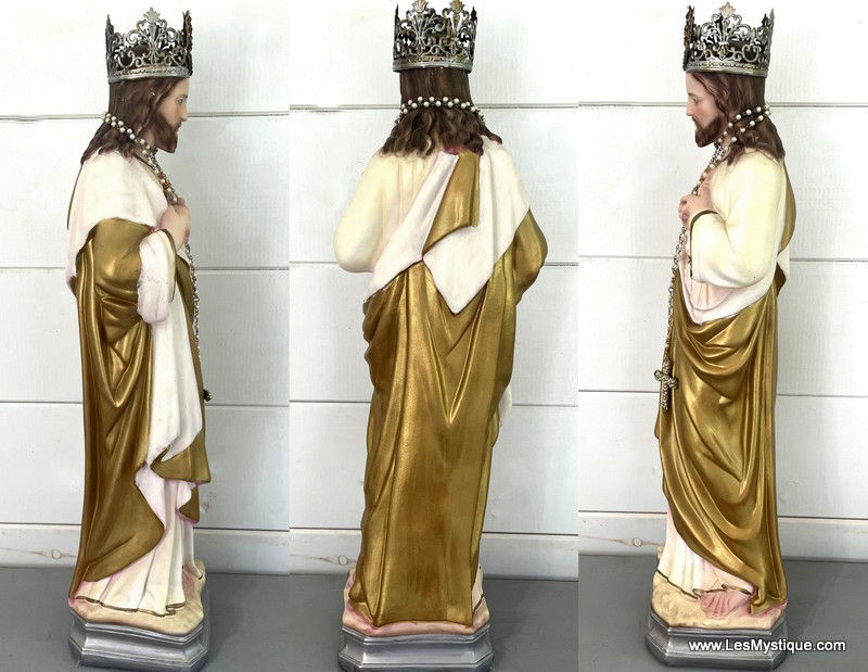Thumbnail: Large Vintage Sacred Heart Statue Crowned Jesus White and Gold Robes, Stigmata