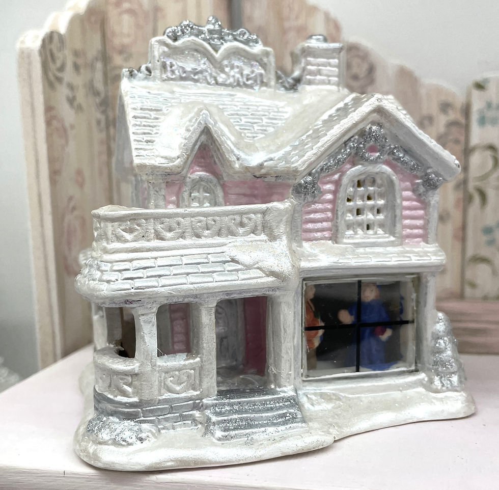 Thumbnail: Vintage Light Up Christmas House, Book Shop with Glass Windows, Shabby Pink
