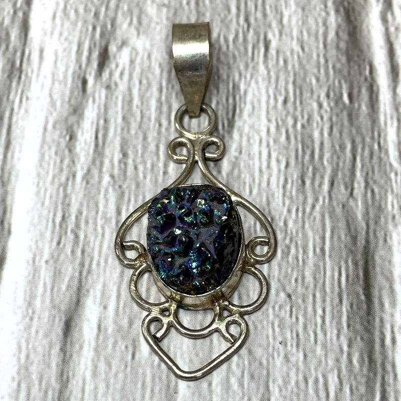 Thumbnail: Titanium Aura Drusy Quartz Pendant, Vintage Gold Filled Metaphysical Jewelry