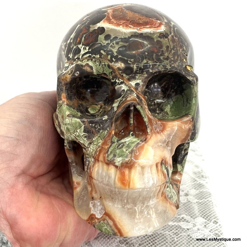Thumbnail: Large Panther Jasper and Quartz Crystal Skull, Hand Carved Skull Psychic Ability