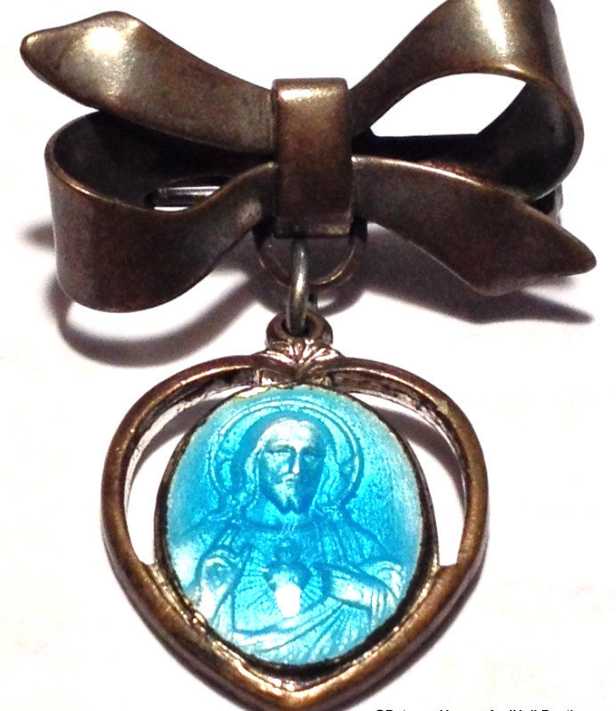 Thumbnail: Vintage Catholic Jewelry: Scapular Medal Sacred Heart of Jesus Blue Enamel Pin