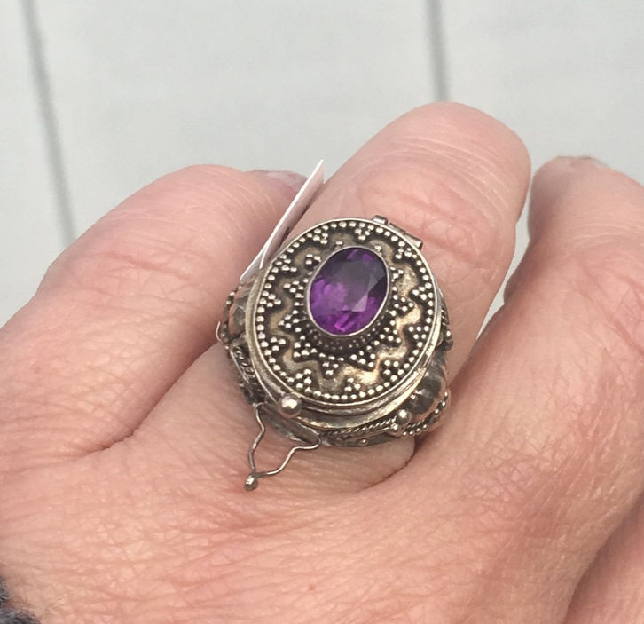 Thumbnail: Vintage Amethyst Poison Ring, Locket Pill Ring, Sterling Silver Jewelry