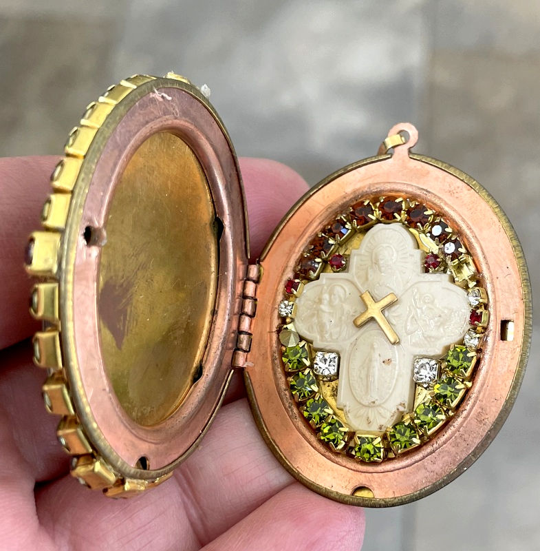 Thumbnail: Vintage Shrine Locket, Heirloom Gift, Guardian Angel w/ Baby, Rhinestone Pendant
