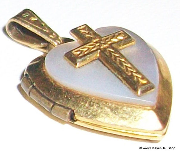 Thumbnail: Vintage Tiny 12k Gold filled Religious Heart Locket Cross Mother Of Pearl
