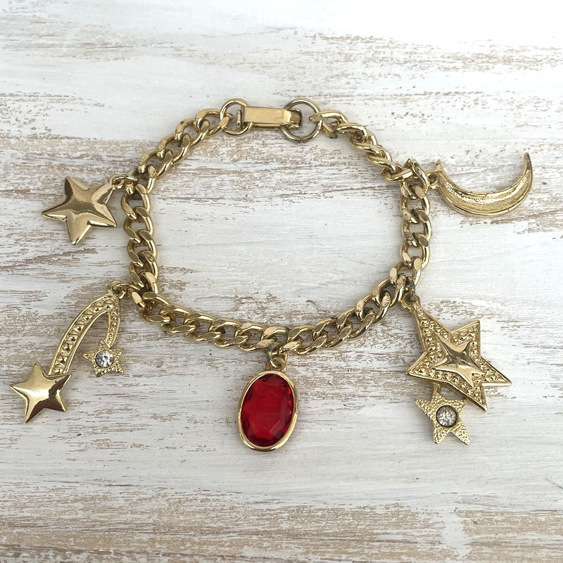 Thumbnail: Vintage Jewelry: Celestial Charm Bracelet, Moon, Stars, Gold Tone