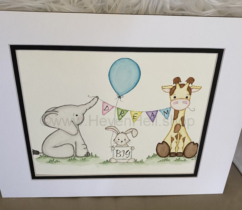 Thumbnail: Watercolor Painting Dream Big Nursery Wall Décor Artwork Elephant Giraffe Bunny