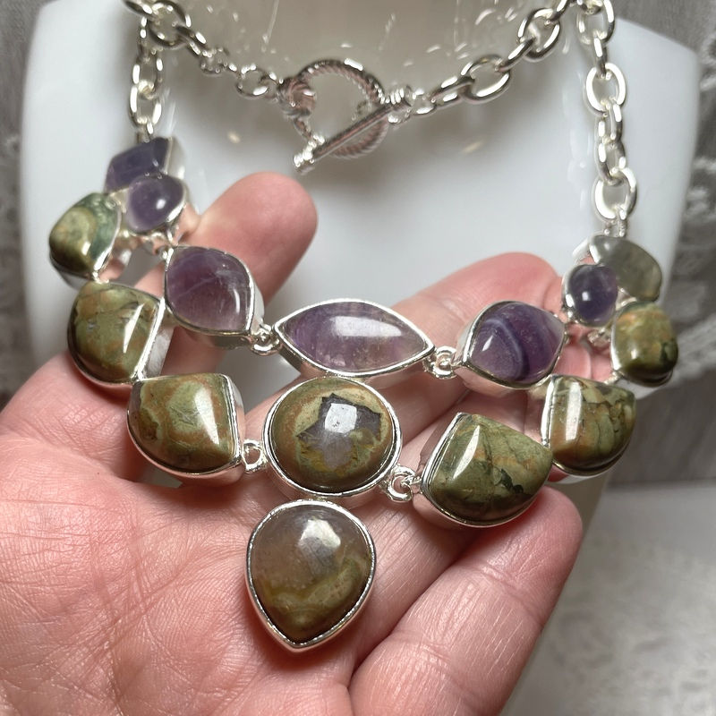 Thumbnail: Vintage Necklace, Rainforest Jasper and Purple Fluorite, Silver Jewelry