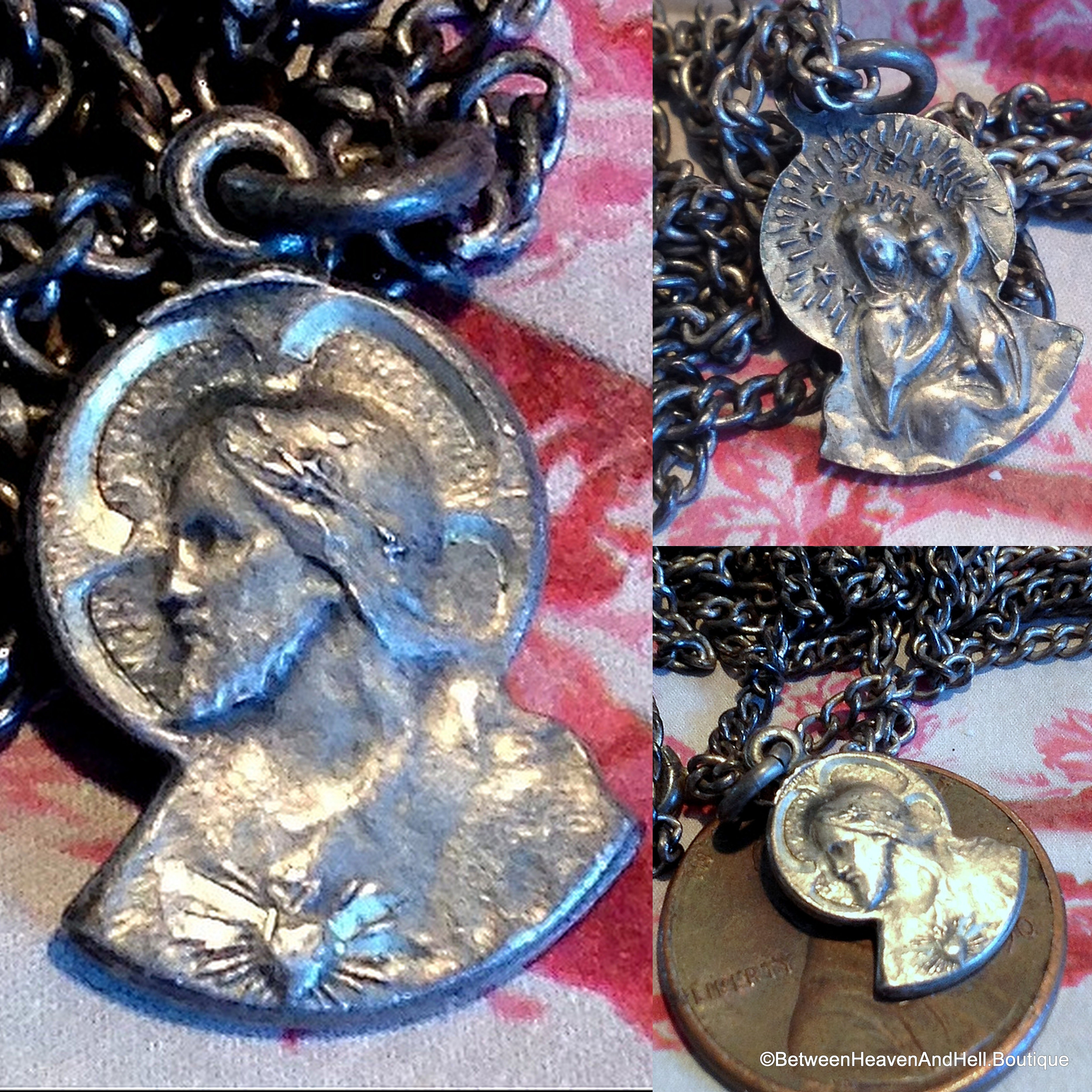 Vintage Sterling Sacred Heart Of Jesus Scapular Virgin Mary Medal Necklace