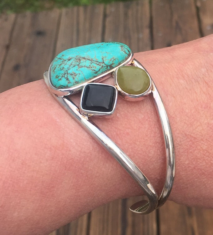Thumbnail: Vintage Turquoise Sterling Cuff Bracelet with Onyx & Jade, Silver Jewelry