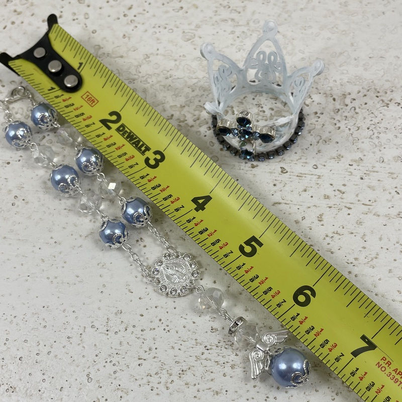 Thumbnail: Statue Set Silver & Blue Handmade Glass Pearls & Shabby Rhinestone Cross Crown