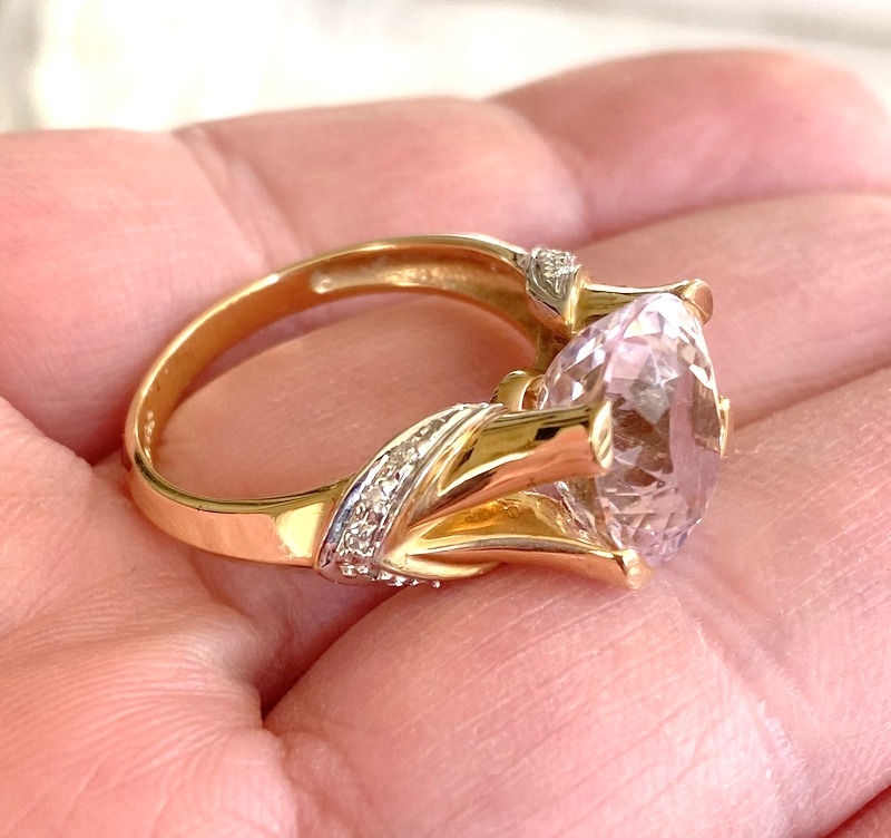 Thumbnail: Natural Vintage 14K Light Pink Kunzite Ring Diamond accents Signed John Rinker
