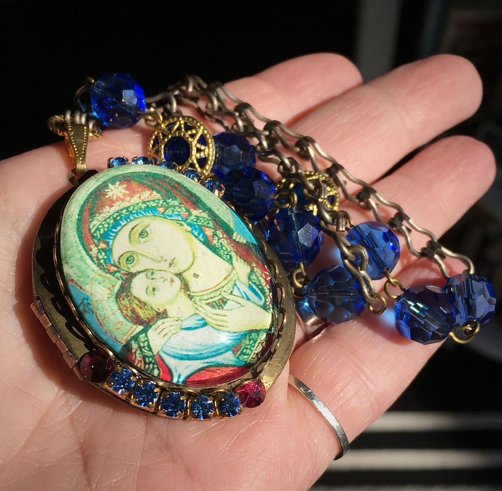 Thumbnail: Vintage Rhinestone Prayer Locket, Madonna & Child Orthodox Icon Necklace