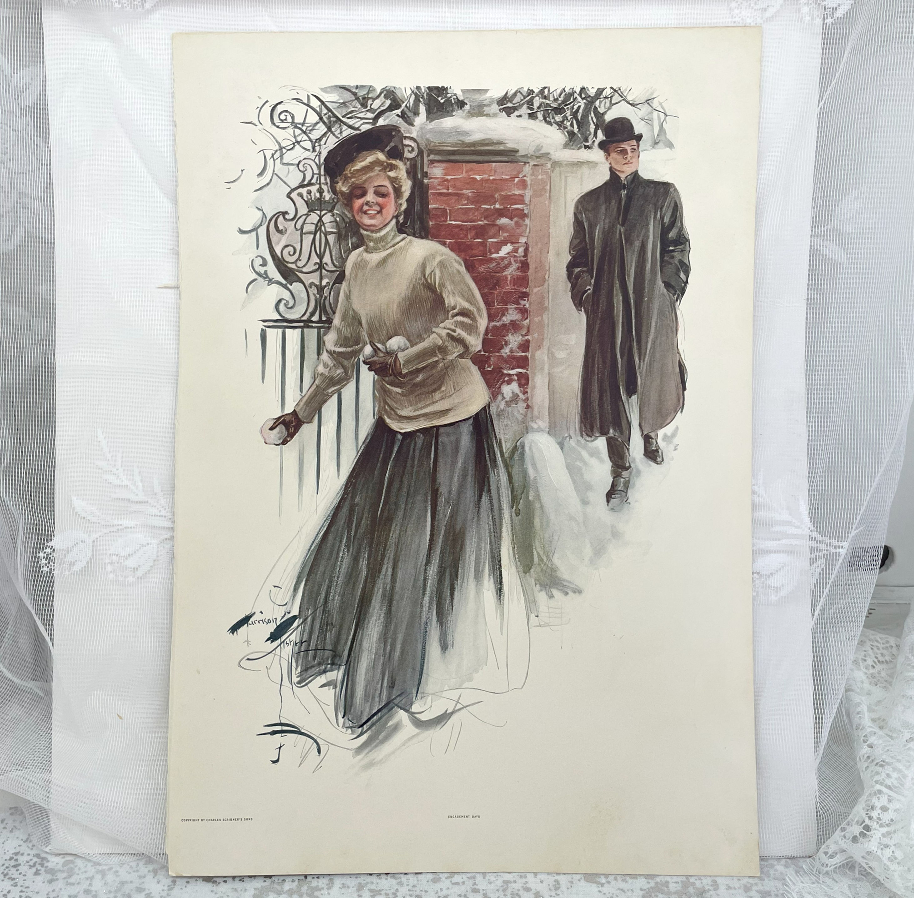 Vintage Harrison Fisher Print Winter Romance, Engagement Days, Antique Art Print