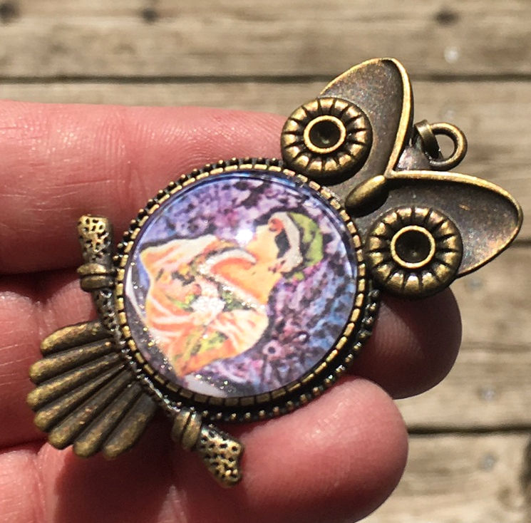 Thumbnail: Art Pendant Owl Cameo Jewelry, Art Deco Full Blue Moon Woman, Moonlight Magic