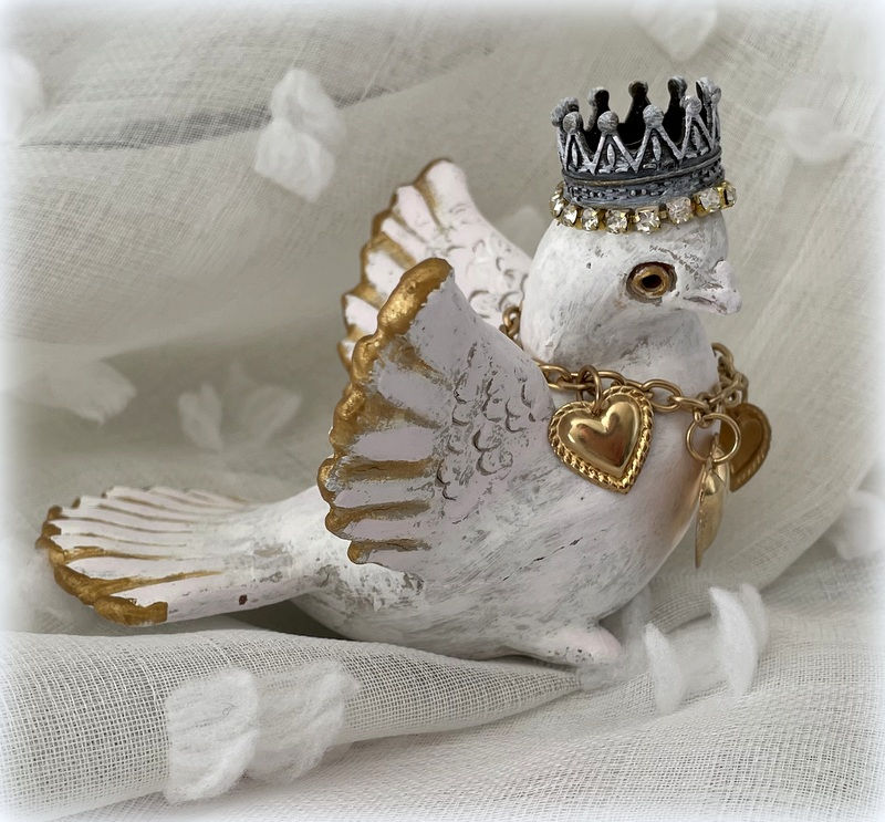 Thumbnail: Crowned White Bird Figurine Shabby French Bird Statue w/ Crown & Heart Necklace
