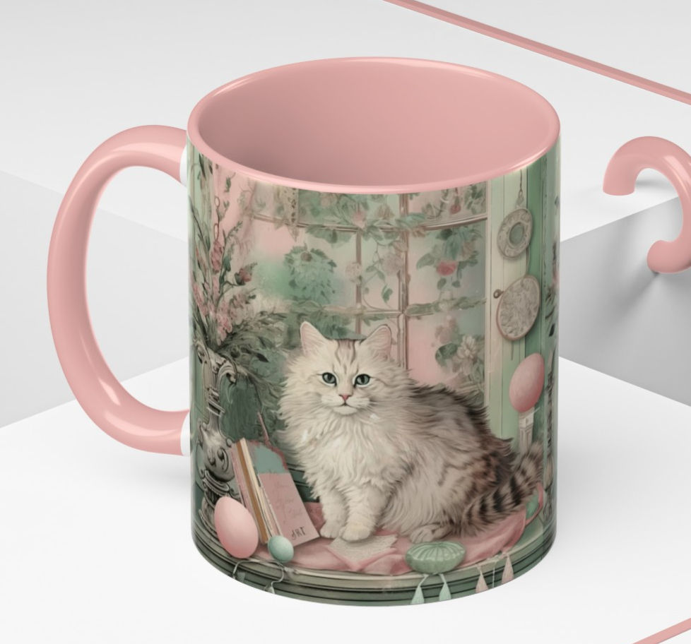 Thumbnail: Artistic Shabby Cat Coffee Mug Vintage Victorian Cat Lover Cottage Kitchen Decor