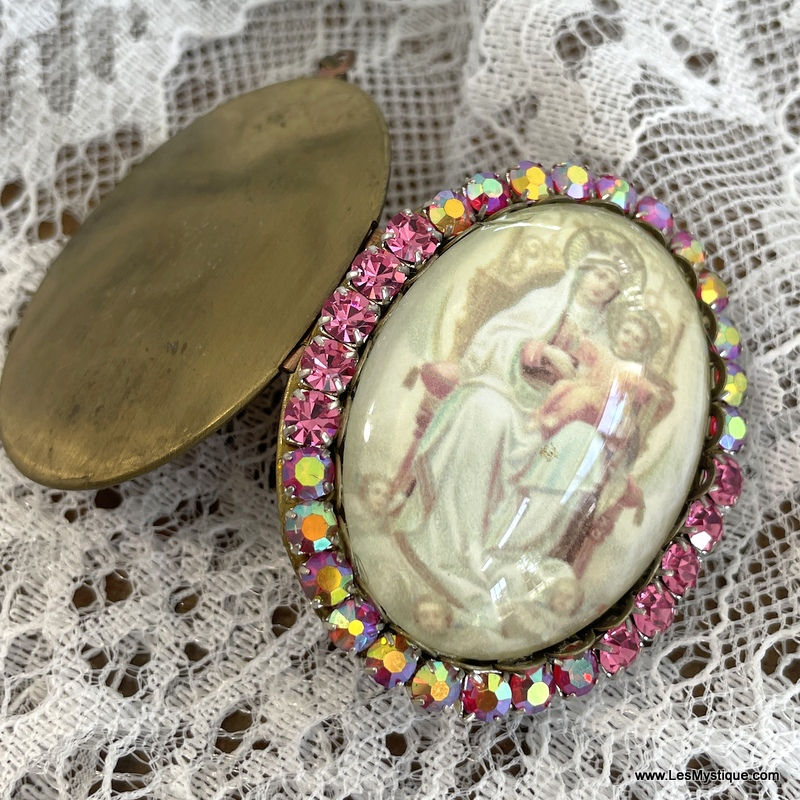 Thumbnail: Vintage Pink Rhinestone Prayer Locket, Madonna and Child Jesus Pendant