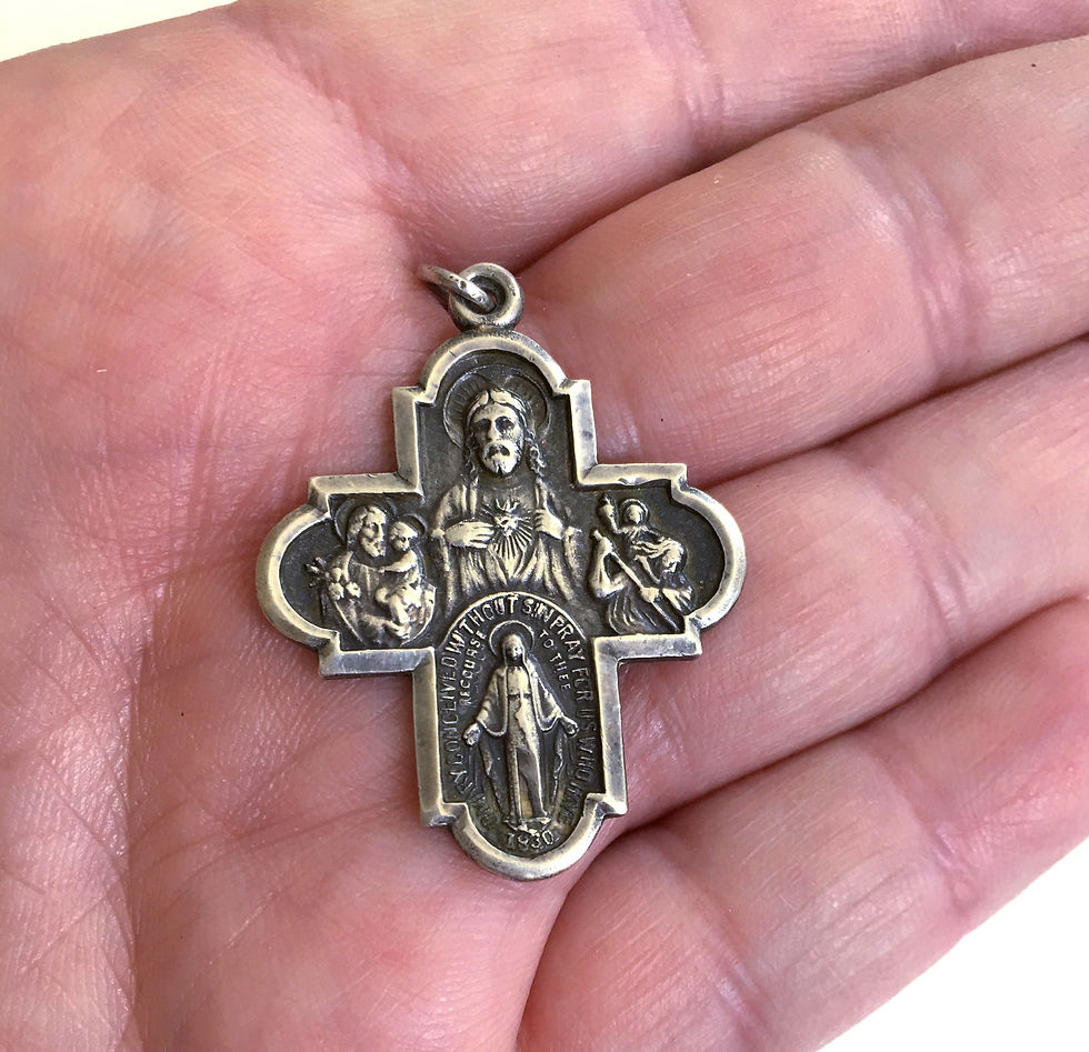 Thumbnail: Large Sterling Vintage 4 way Cross Medal Sacred Heart Miraculous Medal St Joseph