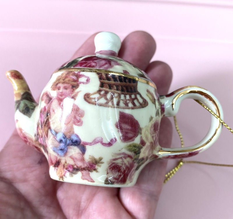 Thumbnail: Vintage Victorian Porcelain Teapot Christmas Ornament Roses Angels Cherubs