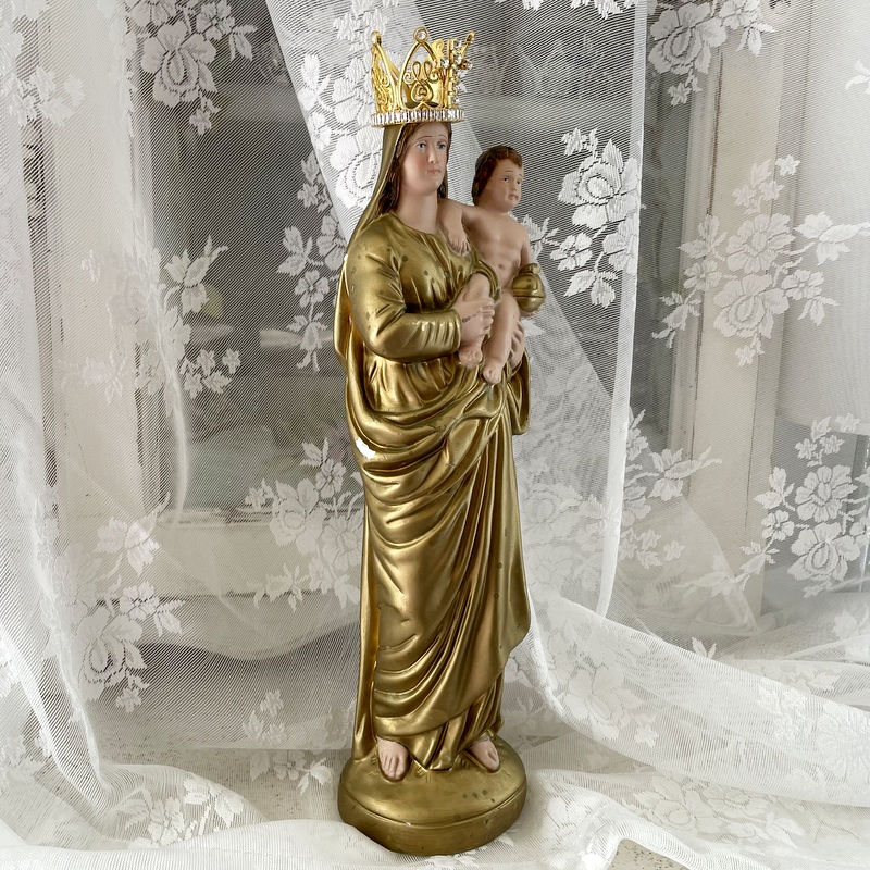 Thumbnail: Rare Antique Madonna and Child Statue Chalkware Virgin Mary with Crown