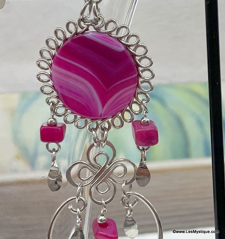 Thumbnail: Long Hot Pink Agate Silver Earrings Handcrafted Jewelry