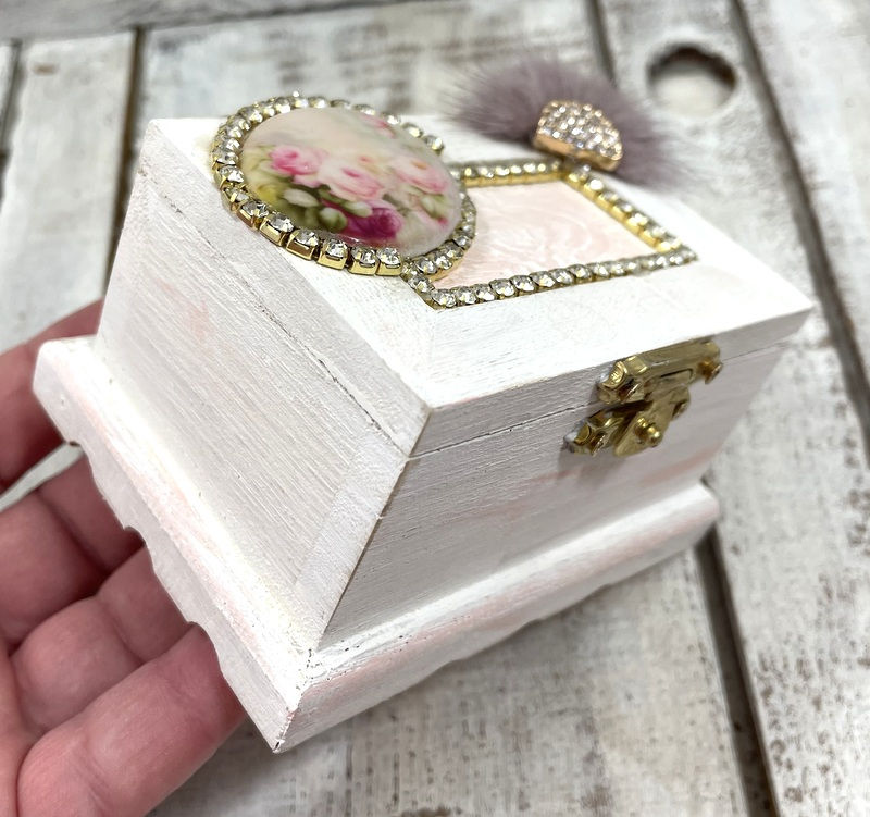 Thumbnail: Shabby Pink & White Rhinestone Jewelry Box Wooden Tabletop Decor Cottage Chic