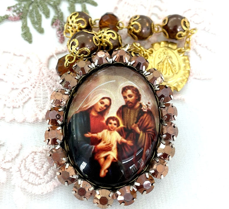 Thumbnail: Holy Family Rhinestone Cameo Locket Pendant, Prayer Beads, Catholic Jewelry