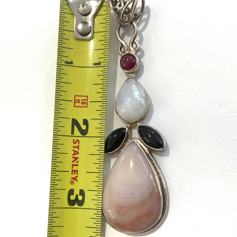 Thumbnail: Moonstone and Pink Agate Pendant, Ruby, Onyx, Vintage Sterling Silver Jewelry