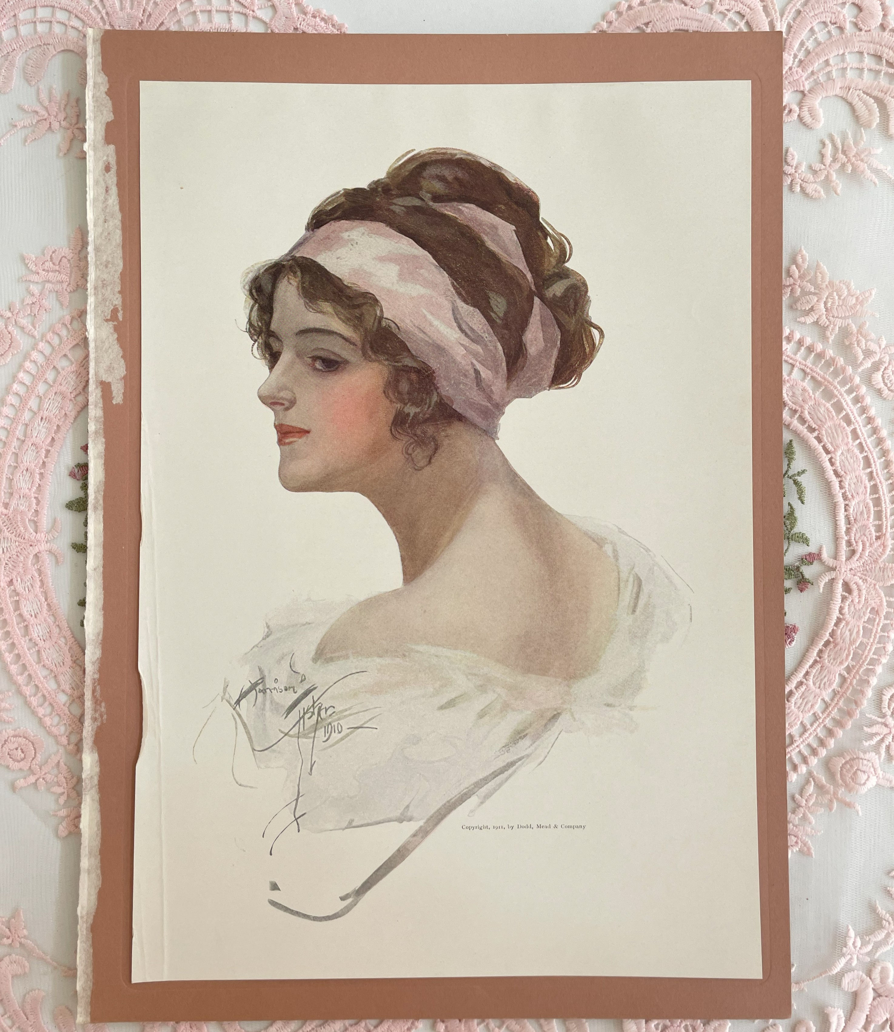Antique 1911 Harrison Fisher Print Victorian Woman Pink of Perfection