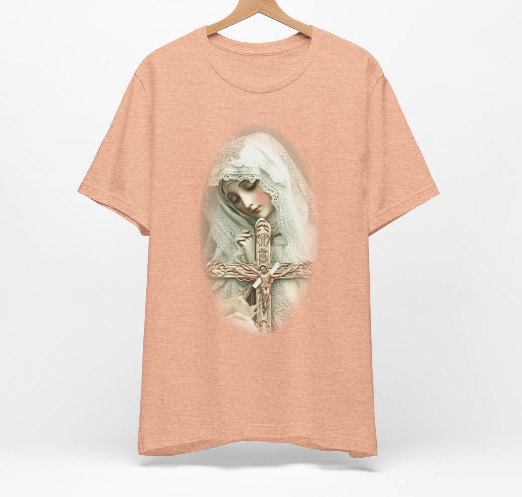 Shabby Virgin Mary T-Shirt Crucifix Religious Faith Art Tee Catholic Gifts