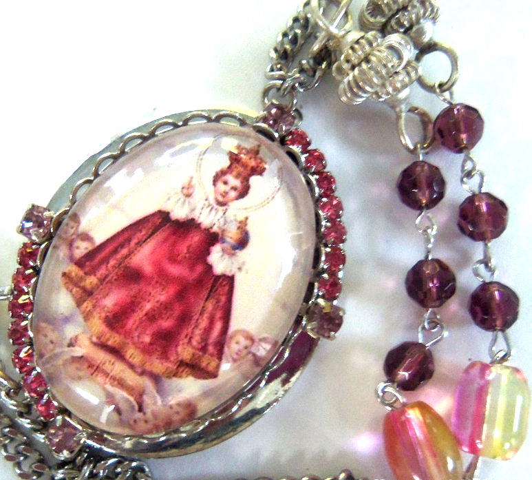 Thumbnail: Vintage Infant Of Prague Rhinestone Cameo Locket, Catholic Necklace