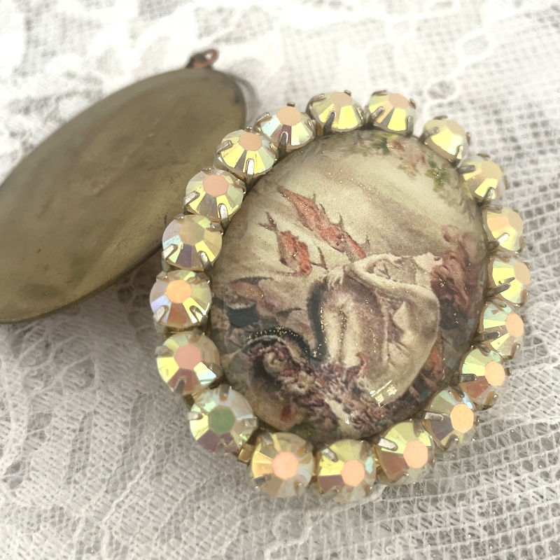 Thumbnail: Vintage Mermaid Wearable Art Jewelry - Rhinestone Locket Glitter Cameo Pendant