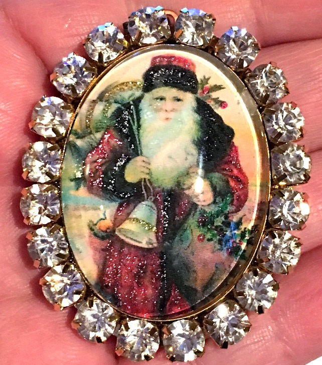 Thumbnail: Vintage Christmas Jewelry, Victorian Santa Locket, Rhinestone Cameo Pendant