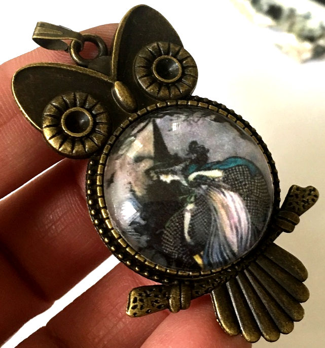 Thumbnail: Vintage Owl and Witch Wearable Art Jewelry, Retro Cameo pendant
