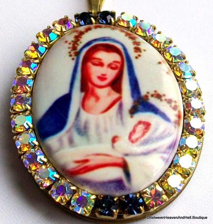 Thumbnail: Religious Porcelain Cameo Locket, Madonna & Child Virgin Mary Rhinestone Pendant